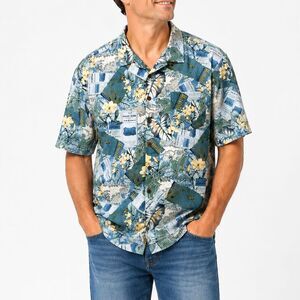 Bermuda Bay 100% Silk Hawaiian Camp Shirt XXL Blue Floral Tropical Aloha